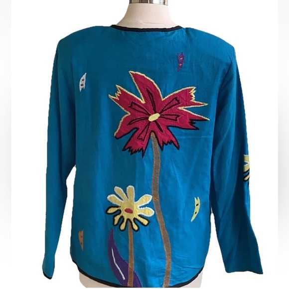 NEW Indigo Moon Linen Blend Blazer Jacket Embroidered S Blue Flower Artsy - Picture 7 of 7